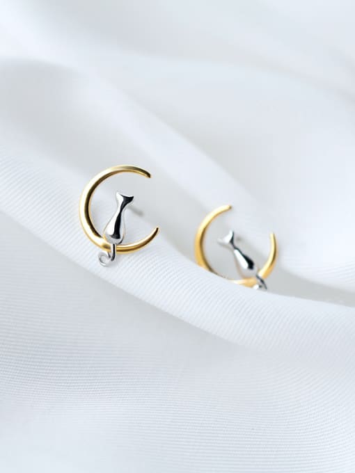 Rosh Lovely Gold Plated Moon And Cat Shaped S925 Silver Stud Earrings 0