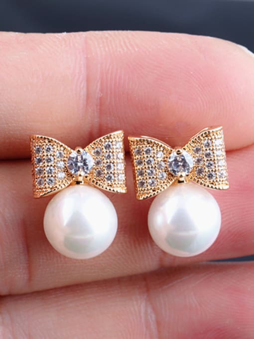 Gold Sterling Silver Bow  Zircon Pearls Shells Upscale Fashion stud Earring