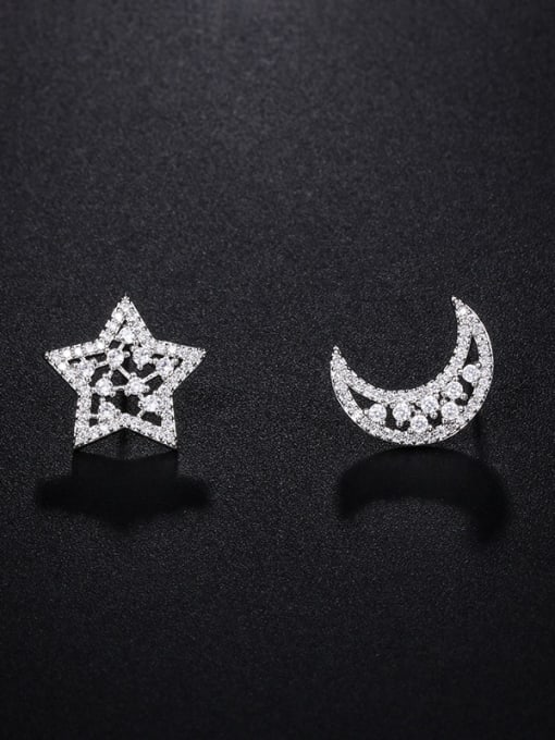 Mo Hai Copper With Platinum Plated Cute Asymmetry Star Moon  Stud Earrings 0