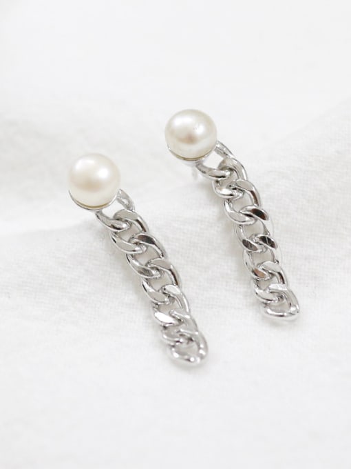 DAKA Simple White Artificial Pearl Personalized Chain Silver Stud Earrings 2