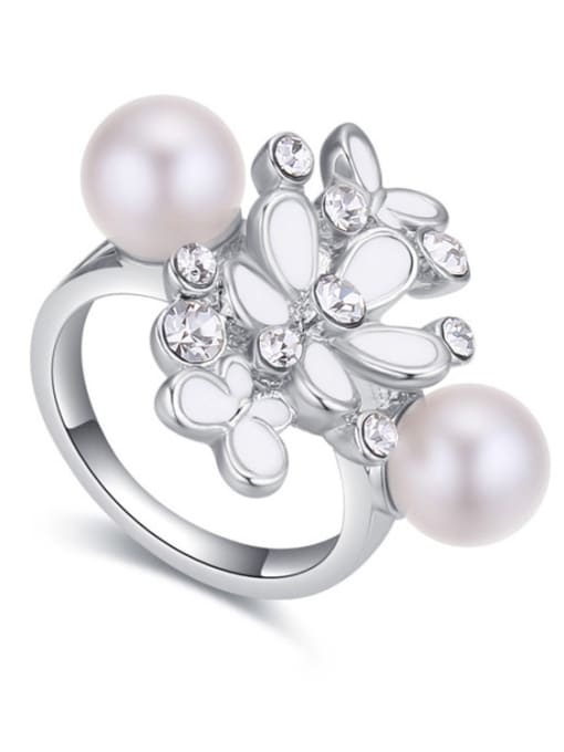 QIANZI Exaggerated Two Imitation Pearls White Crystals-embellished Flowers Ring 3