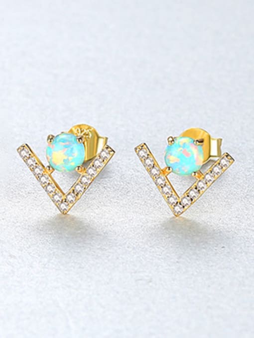 Green 925 Sterling Silver With Opal  Cute Triangle Stud Earrings