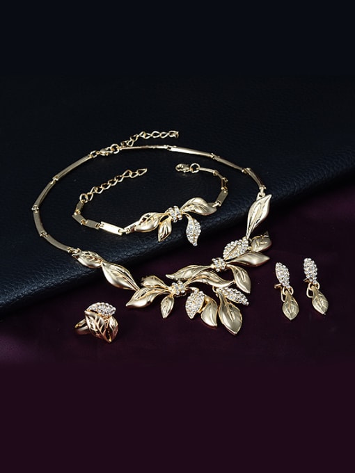 BESTIE Alloy Imitation-gold Plated Fashion Leaves-shaped CZ Four Pieces Jewelry Set 1