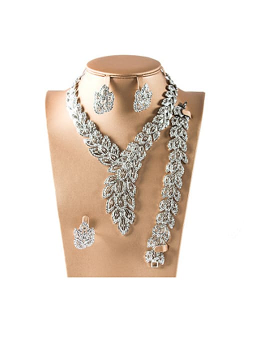 white 18K Leaves shaped Colorfast Rhinestones Four Pieces Jewelry Set