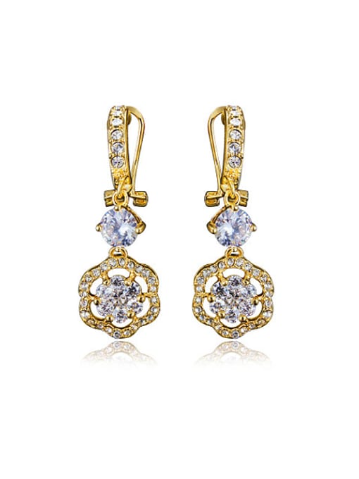 Gold Exquisite 18K Gold Plated Flower Shaped Zircon Drop Earrings