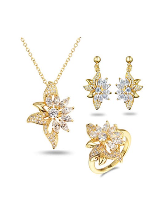 gold Elegant Flower Shaped Zircon Three Pieces Jewelry Set