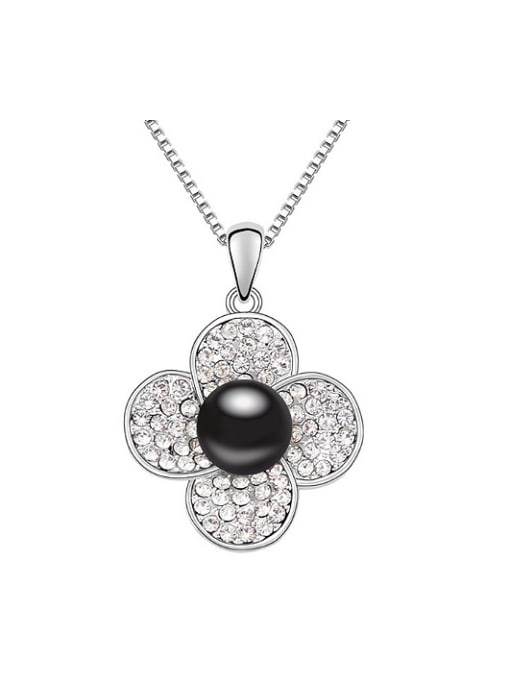 Black Simple Tiny White Crystals-covered Flower Imitation Pearl Alloy Necklace