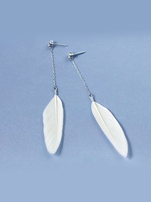 White Creative Feather Shaped S925 Silver Rhinestone Drop Earrings