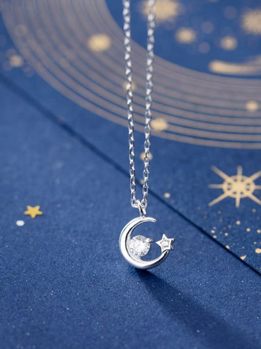 Rosh 925 Sterling Silver With Silver Plated Simplistic Moon with Star Necklaces 1