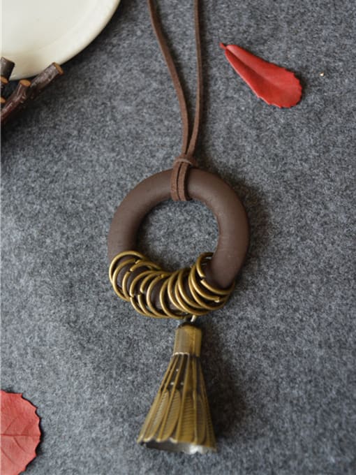 Coffee Wooden Round Shaped Tassel Necklace