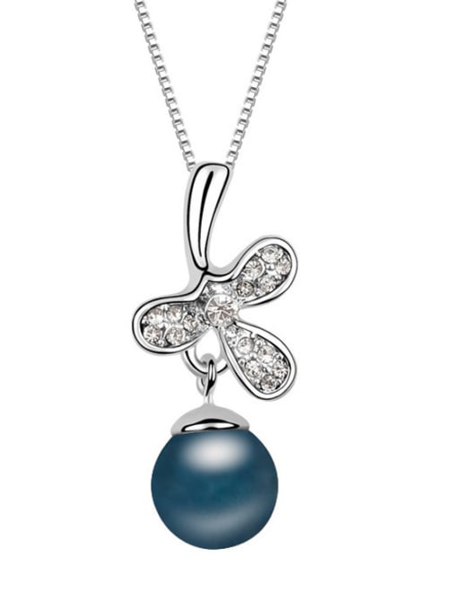 Deep Blue Exquisite Imitation Pearl Shiny Crystals-studded Leaf Alloy Necklace