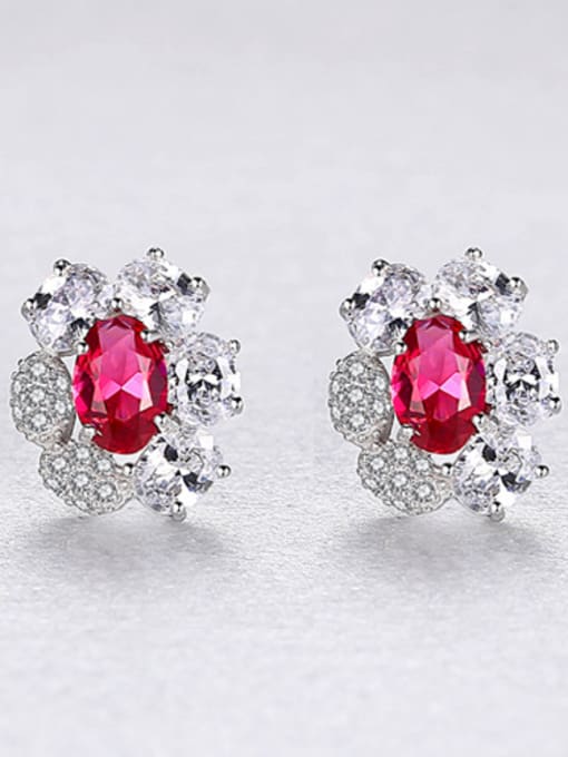 Red -18A09 925 Sterling Silver With Platinum Plated Delicate Flower Stud Earrings