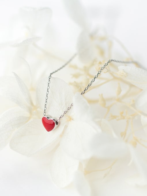 Rosh Elegant Red Heart Shaped Glue S925 Silver Necklace 0