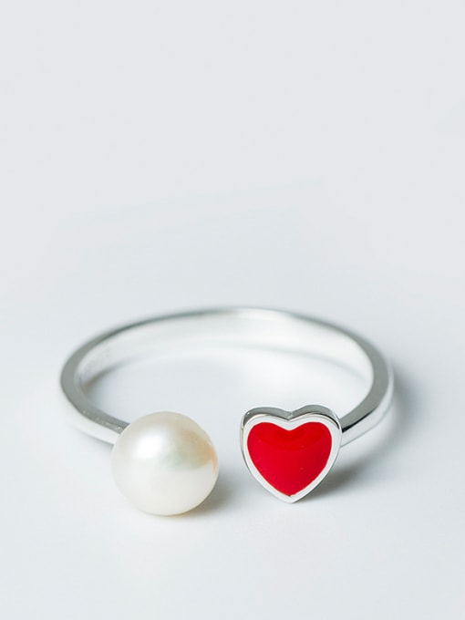 SILVER MI Fashion Red Heart Artificial Pearl Opening 925 Silver Ring 0