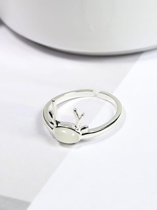 Peng Yuan Simple Tiny Deer Antlers White Opal Stone 925 Silver Ring 0
