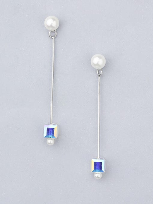 One Silver Charming Square Shaped Zircon Pearl Drop Earrings 0