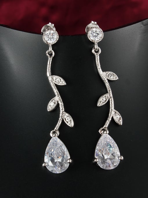 SANTIAGO Temperament 18K Platinum Plated Leaf Shaped Zircon Drop Earrings 1