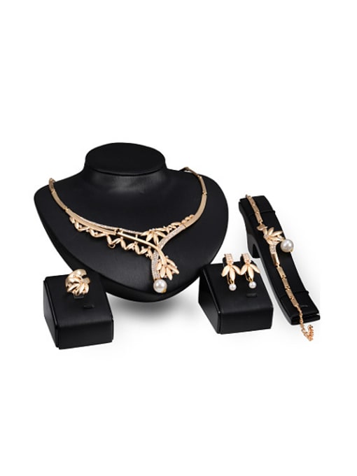 BESTIE Alloy Imitation-gold Plated Fashion Artificial Pearl Leaf-shaped Four Pieces Jewelry Set 0