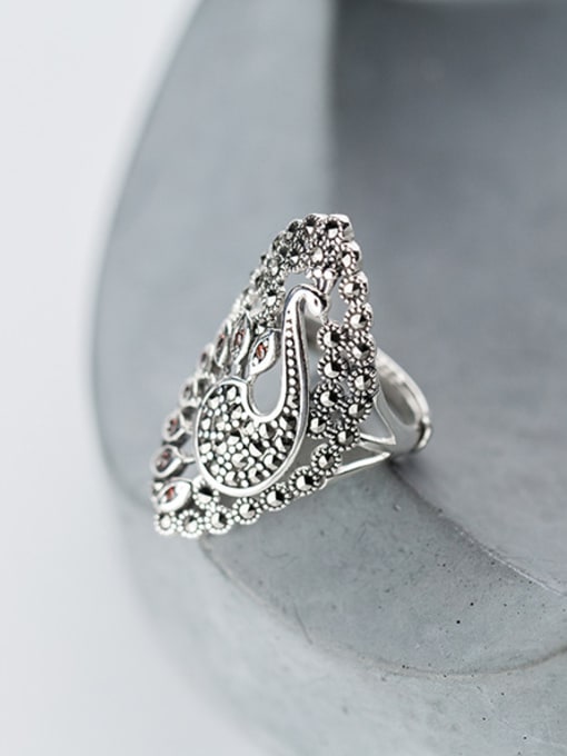 Rosh Exaggerated Peacock Shaped Rhinestone S925 Silver Ring 1