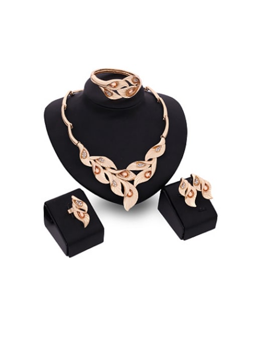 Champagne Alloy Imitation-gold Plated Fashion Artificial Gemstones Leaves-shaped Four Pieces Jewelry Set