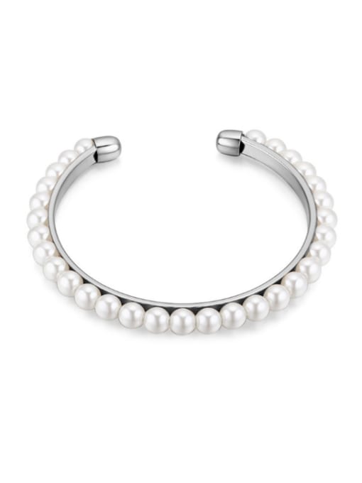 Platinum Simple White Imitation Pearls-covered Alloy Opening Bangle