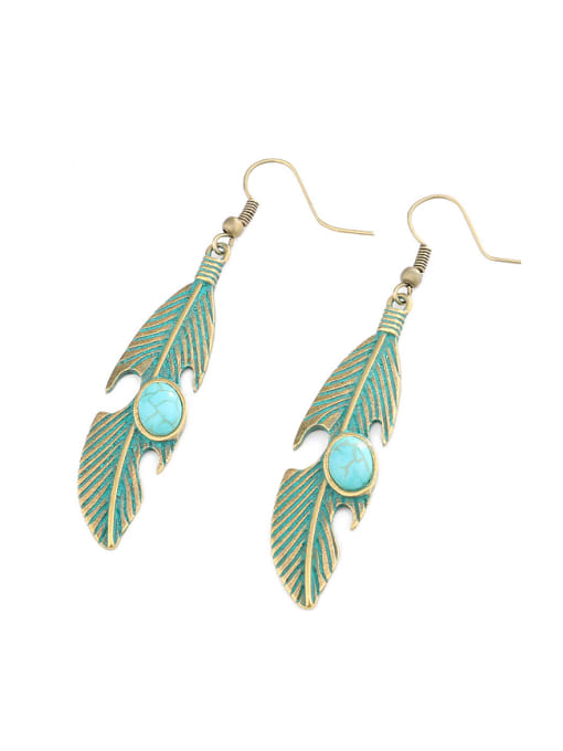 Gujin Personalized Antique Bronze Plated Turquoise stone Leaf Alloy Drop Earrings 0