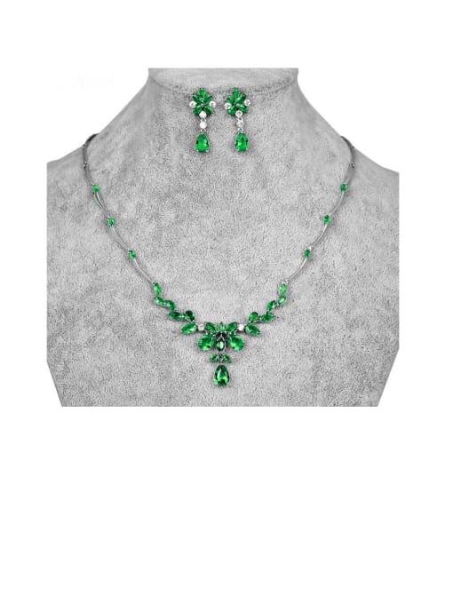 green Copper With Platinum Plated Simplistic Flower Earrings And Necklaces 2 Piece Jewelry Set