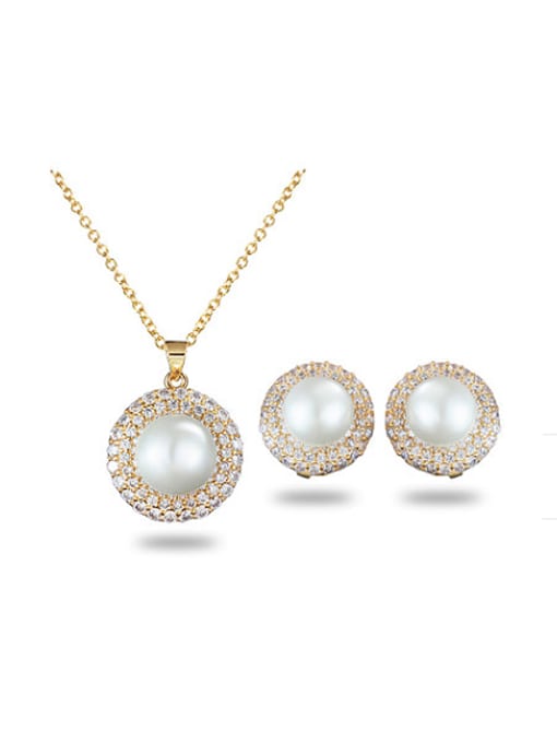 gold Elegant Round Shaped Artificial Pearl Three Pieces Jewelry Set