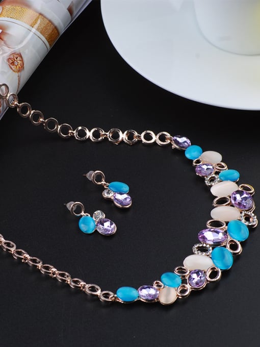 Qunqiu Fashion Colorful Stones Hollow Little Round Alloy Two Pieces Jewelry Set 1