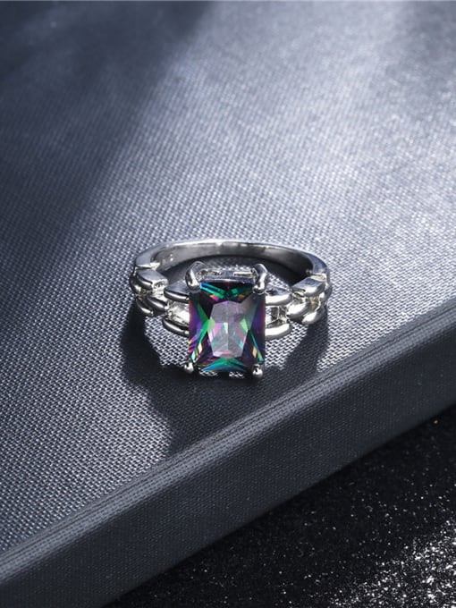 Platinum Delicate Colorful Square Shaped Glass Stone Ring