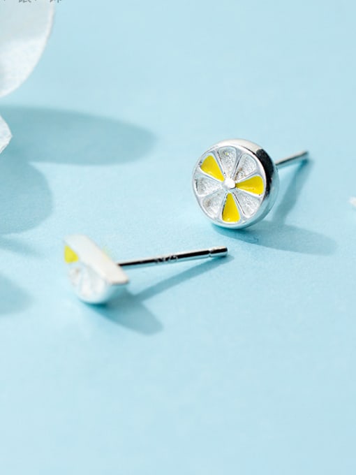 yellow Fresh Lemon Shaped Asymmetric S925 Silver Enamel Stud Earrings