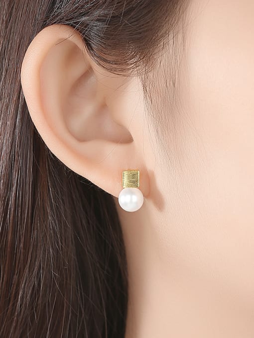CCUI 925 Sterling Silver With Artificial Pearl Simplistic Square Stud Earrings 1
