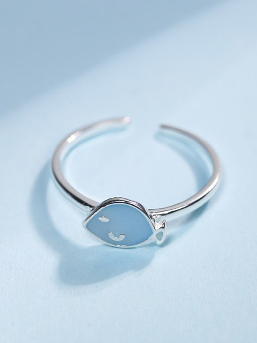 Peng Yuan Simple Little Blue Enamel Fish 925 Silver Opening Ring