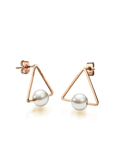 Rose Gold Fashion Hollow Triangle Artificial Pearls Stud Earrings