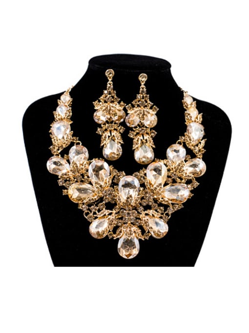 Champagne Water Drop Glass and Rhinestones Two Pieces Jewelry Set