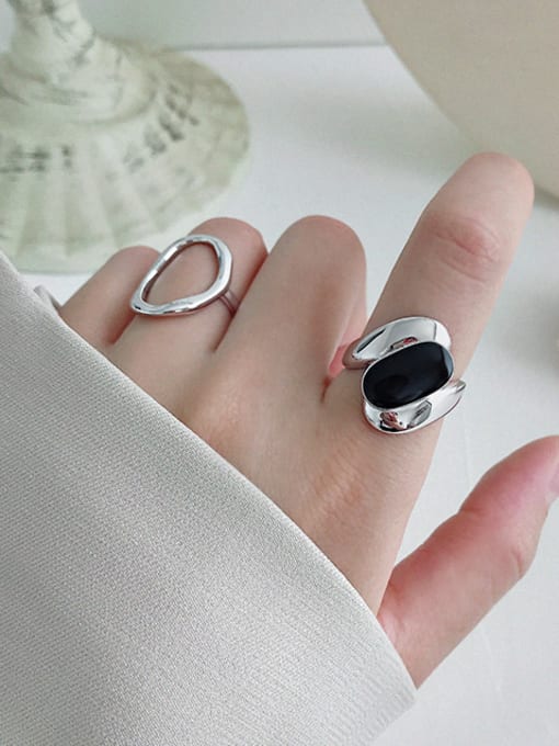 DAKA 925 Sterling Silver With Platinum Plated Vintage Black Epoxy Wide Face Free Size Rings 2