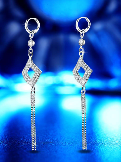 White Drilled Fringed Earrings New Designed White Gold Plated Tassel Exaggerate Drop Earrings
