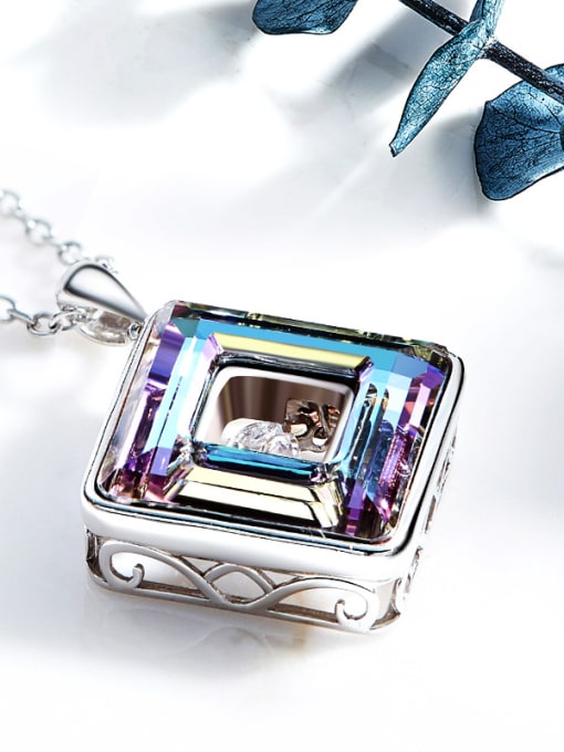 Purple Fashion austrian Crystals Rotational Zircon Square Pendant 925 Silver Necklace