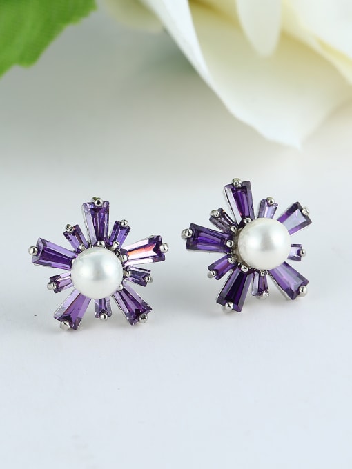 Wei Jia Fashion Imitation Pearl Purple Zirconias-studded Flowery Stud Earrings 1