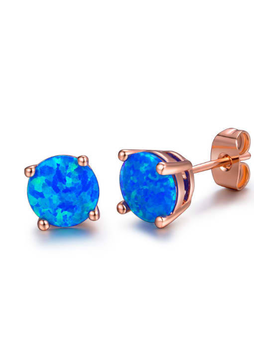 Rose Gold 8MM Blue Opal Classical Small Women Stud Earrings