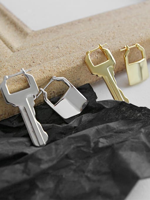 DAKA 925 Sterling Silver With Gold Plated Simplistic Asymmetric Lock Key  Clip On Earrings 4