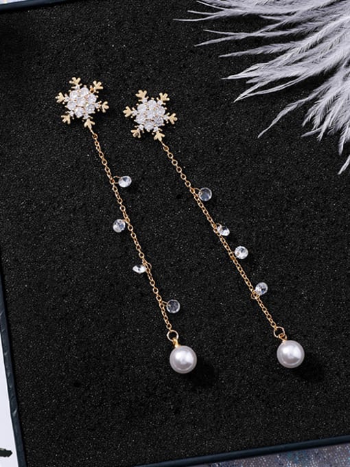 A gold Alloy With  Cubic Zirconia Simplistic snowflake Drop Earrings