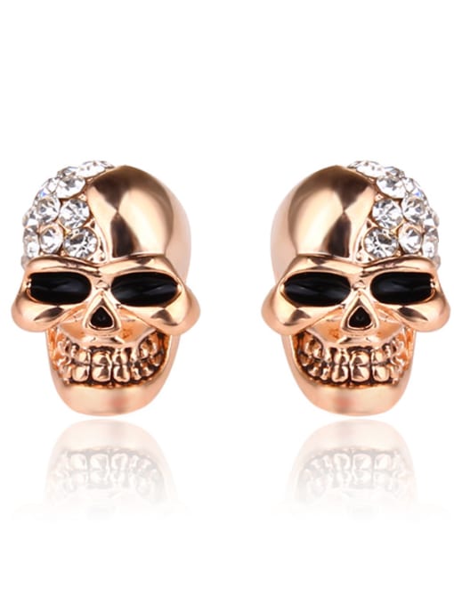 Rose Gold Stainless Steel With Cubic Zirconia Punk Skull Stud Earrings