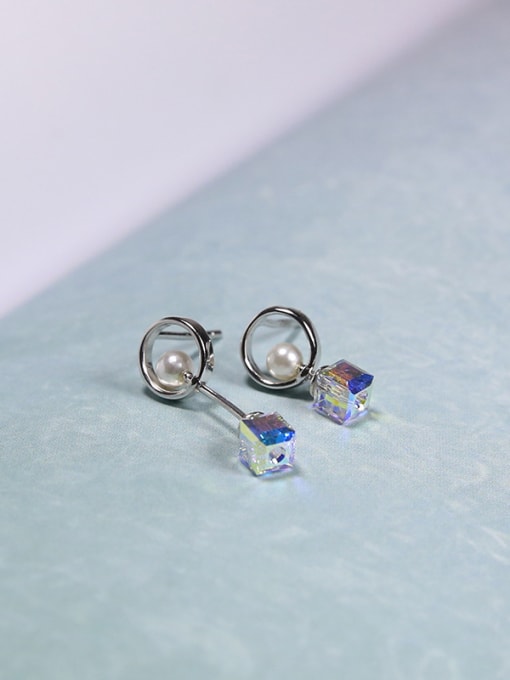 Peng Yuan Simple Cubic Crystals Tiny Imitation Peals Hollow Round 925 Silver Stud Earrigns 1