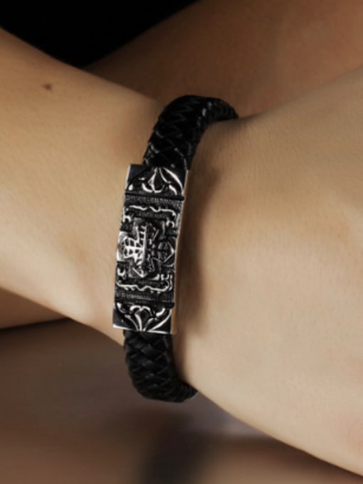 Open Sky Personalized Little Cross Black Artificial Leather Men Bracelet 1