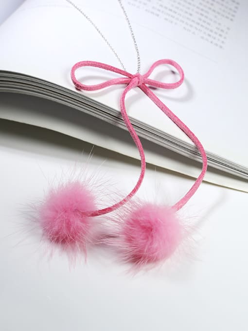 Pink Personalized Bowknot Fluffy Balls 925 Silver Sweater Chain