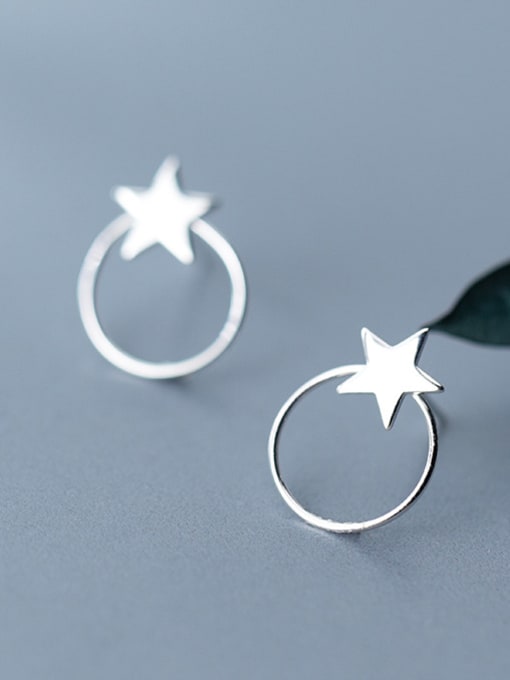 Rosh 925 Sterling Silver With Glossy Personality Round Pentagram Stud Earrings 3