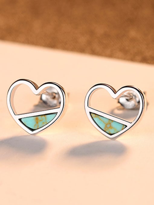 Sliver 925 Sterling Silver With Turquoise  Cute Heart Stud Earrings