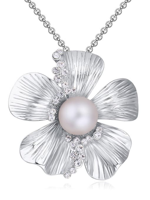 White Fashion Imitation Pearl Flower Pendant Alloy Sweater Chain