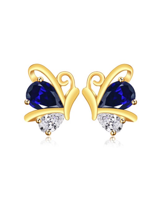 Blue Copper Alloy 24K Gold Plated Ethnic style Butterfly Zircon Stud clip on earring